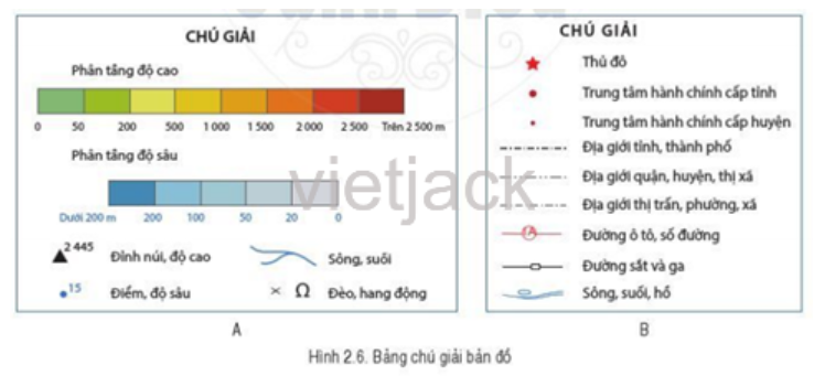 Quan sát hình 2.6A và hình 2.6B, hãy cho biết yếu tố địa hình được thể hiện trên bảng chú giải nào. (ảnh 1)