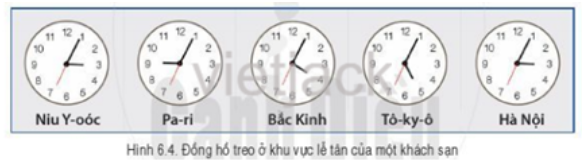Quan sát hình 6.4, hãy giải thích tại sao mỗi đồng hồ ở khách sạn lại chỉ một giờ khác nhau. (ảnh 1)
