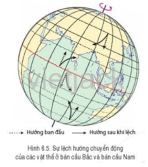 Quan sát hình 6.5, hãy cho biết:  - Ở bán cầu Bắc, các vật thể chuyển động lệch theo hướng nào so  (ảnh 1)