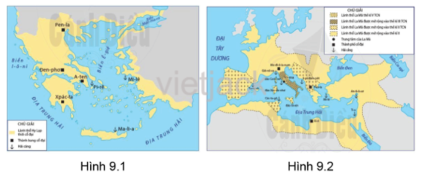 Dựa vào các lược đồ hình 9.1 và 9.2 đọc thông tin, hãy:  - Xác định vị trí địa lí của Hy Lạp, La Mã cổ đại. (ảnh 1)