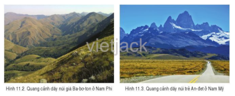 Quan sát hình 11.2 và hình 11.3, hãy tìm các đặc điểm khác nhau (đỉnh núi, sườn núi, thung lũng) giữa núi  (ảnh 1)