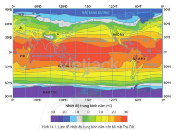 Quan sát hình 14.1, hãy cho biết nhiệt độ của bề mặt Trái Đất thay đổi như thế nào từ xích đạo về cực. (ảnh 1)