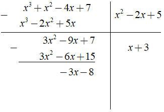 Phép chia  x^ 3 + x^ 2 − 4 x + 7  cho  x^ 2 − 2 x + 5  được đa thức dư là ? A. 3x - 7.  (ảnh 1)
