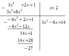 Thực hiện phép chia  ( 3 x ^3 + 2 x + 1 ) : ( x + 2 )  ta được đa thức dư là: A. 10     (ảnh 1)