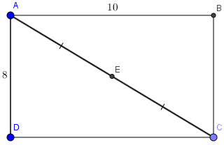 Cho hình chữ nhật ABCD có AB = 10, BC = 8. Chứng minh rằng A, B, C, D cùng (ảnh 1)