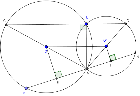 Cho hai đường tròn (O; R) và (O'; r) cắt nhau tại hai điểm A và B. Vẽ đường kính  (ảnh 1)