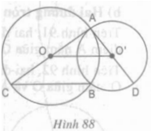 Cho hình 88.  a) Hãy xác định vị trí tương đối của hai đường tròn (O) và (O’) (ảnh 1)