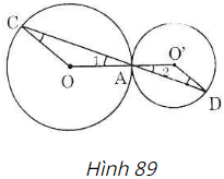 Trên hình 89, hai đường tròn tiếp xúc nhau tại A. Chứng minh rằng OC // O'D (ảnh 1)