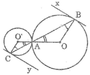 Cho hình bên, trong đó hai đường tròn (O) và (O’) tiếp xúc với nhau tại A (ảnh 1)