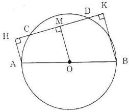 Cho đường tròn (O) đường kính AB, dây CD không cắt đường kính AB gọi H và K theo thứ tự (ảnh 1)