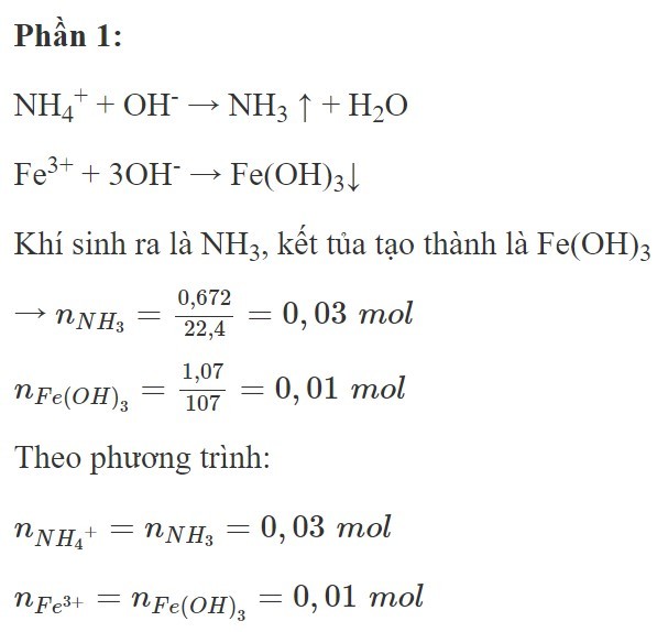 Dung dịch X chứa các ion: Fe3+, SO42−, NH4+, Cl-. Chia dung dịch X thành 2 phần bằng nhau (ảnh 1)