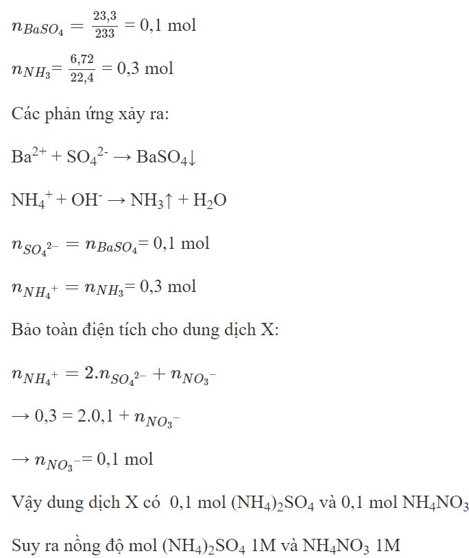 Cho dung dịch Ba(OH)2 đến dư vào 100ml dung dịch X có chứa các ion: NH4+, SO42-, NO3- (ảnh 1)