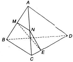 Cho tứ diện ABCD. Gọi M và N lần lượt là trung điểm của AB và AC, E là điểm (ảnh 1)