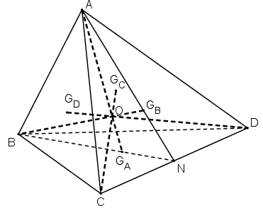Cho bốn điểm A, B, C và D không đồng phẳng. Gọi GA, GB, GC, GD lần lượt là trọng tâm  (ảnh 1)