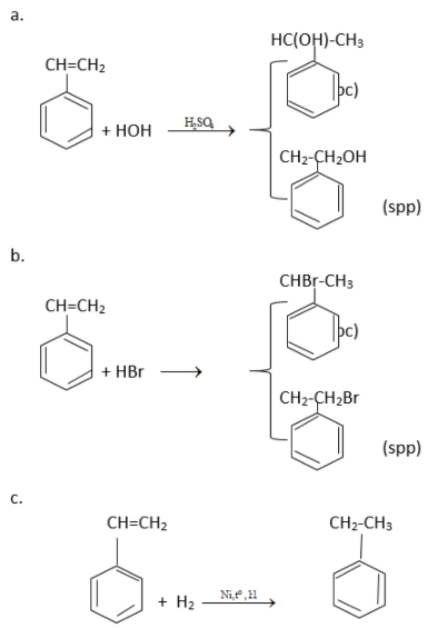 Dùng công thức cấu tạo viết phương trình hoá học của stiren với:  a. H2O( xúc tác H2SO4) (ảnh 1)