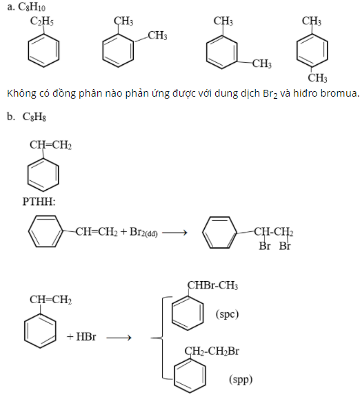 Viết công thức cấu tạo và gọi tên các hiđrocacbon thơm có công thức phân tử C8H10, C8H8. (ảnh 1)