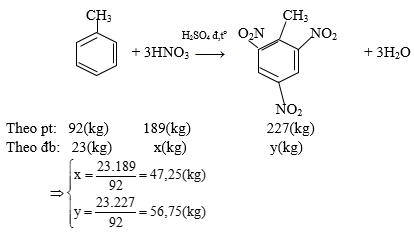 Cho 23,0 kg toluen tác dụng với hỗn hợp axit HNO3 đặc, dư (xúc tác axit H2SO4 đặc) (ảnh 1)