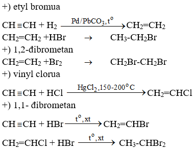 Từ axetilen, viết phương trình hoá học của các phản ứng điều chế: etyl bromua (1); 1,2-đibrometan (2); (ảnh 1)