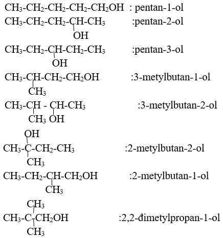 Viết công thức cấu tạo và gọi tên các ancol đồng phân có công thức phân tử C5H12O? (ảnh 1)