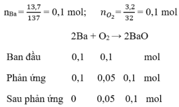 Cho 13,7 g Ba tác dụng hết với 3,2 g oxi thu được hợp chất oxit. Tính khối lượng oxi còn lại sau phản ứng. (ảnh 1)