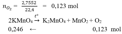 Nhiệt phân  K M n O 4  thấy thoát ra 2,7552 lít khí ở điều kiện tiêu chuẩn. Tính khối lượng  K M n O 4  đã tham gia phản ứng. (ảnh 1)