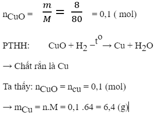 Cho 8g CuO tác dụng hết với  H 2  ở nhiệt độ cao. Sau phản ứng thấy có m (g) chất rắn. Xác định công thức hóa học của chất rắn sau phản ứng và tính m. (ảnh 1)
