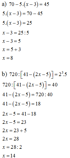 Tìm số tự nhiên biết a. 70-5.(x-3)=45 (ảnh 1)