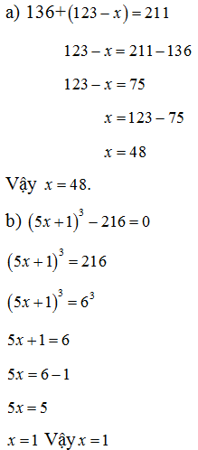 Tìm số tự nhiên x  biết: a) 136+(123-x)=211 ;	b) (ảnh 1)