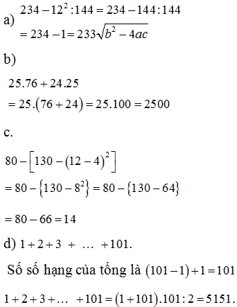 Thực hiện các phép tính sau (một cách hợp lý): a) 234-12^2 chia 144 (ảnh 1)
