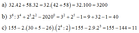 Tính a 32.42+58.32b. 3^6 chia 3^4+2^3.2^2-2020^0 (ảnh 1)