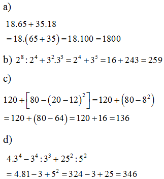 Thực hiện các phép tính (tính nhanh nếu có thể) 	a)18.65+35.18=18 (ảnh 1)