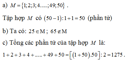 Cho tập hợp M=n thuộc N , 0< n<=50  . a) Viết tập hợp M bằng cách liệt kê các phần tử. Tập hợp M có bao nhiêu phần tử?  (ảnh 1)