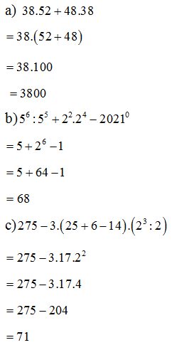Tính: a) 38.52+48.38  	b)  5^6 chia 5^5=2^2.2^4-2021^0  (ảnh 1)