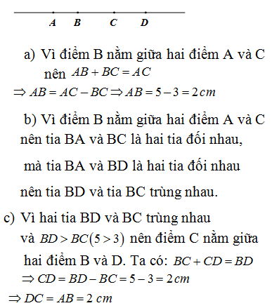 Điểm B nằm giữa hai điểm A và C sao cho AC=5cm  , BC=3cm   a) Tính AB?  (ảnh 1)