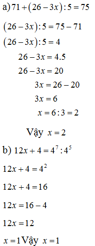 Tìm số tự nhiên  x biết : 71+26(x-3) chia 5=75 (ảnh 1)