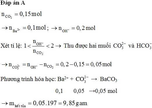 Hấp thụ hoàn toàn 3,36 lít khí CO2 (đktc) vào 0,1 mol dung dịch Ba(OH)2 (ảnh 1)