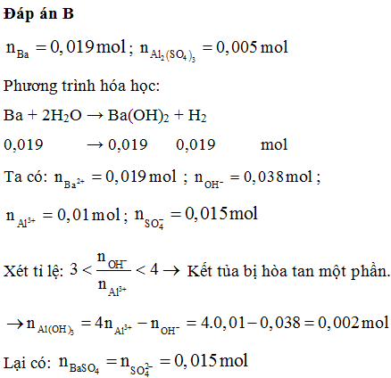 Cho 2,603 gam Ba vào 100 ml dung dịch chứa Al2(SO4)3 0,05M đến khi phản ứng (ảnh 1)