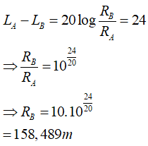 Tại điểm A cách nguồn âm đẳng hướng 10 m có mức cường độ âm là 24 dB thì (ảnh 1)