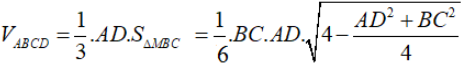 Xét tứ diện ABCD có các cạnh AC=CD=DB=BA=2 và AD, BC thay đổi. Giá trị lớn nhất của thể tích tứ diện ABCD bằng: (ảnh 1)