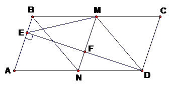 Cho hình bình hành ABCD trong đó có   Gọi M là trung điểm của BC, N là trung điểm của AD . 1) Chứng minh rằng tứ giác MNDC là hình bình hành.           2) Kẻ DE vuông góc với AB tại E, DE cắt MN tại F. Chứng minh F là trung điểm của DE. 3) Chứng minh rằng:  . (ảnh 1)