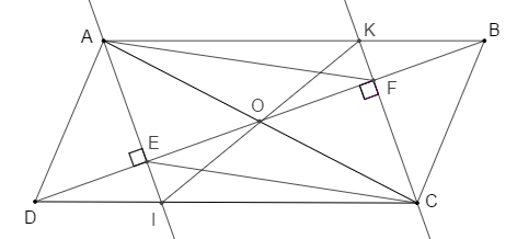 Cho hình bình hành ABCD (AB > AD). Qua A kẻ đường thẳng vuông góc với BD tại E (ảnh 1)