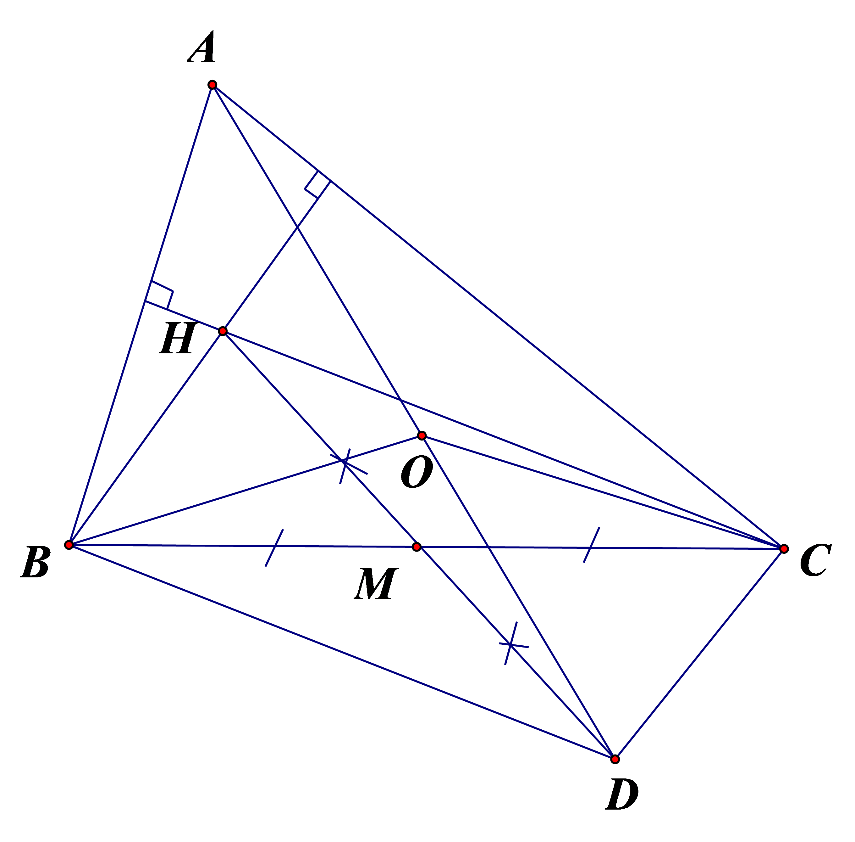 Cho tam giác nhọn ABC. Gọi H là trực tâm của tam giác, M là trung điểm của (ảnh 1)
