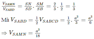 Cho hình chóp S. ABCD có đáy ABCD là hình vuông cạnh a, SA=a và SA vuông góc với đáy. Gọi M là trung điểm SB, N là điểm thuộc cạnh SD sao cho SN=2ND. Tính thể tích V của khối tứ diện ACMN. (ảnh 1)
