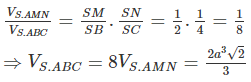 Cho khối chóp S. ABC có  ˆ A S B = ˆ B S C = ˆ C S A = 60 o , SA=a, SB=2a, SC=4a. Tính thể tích khối chóp S. ABC theo a. (ảnh 1)