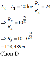 Tại điểm A cách nguồn âm đẳng hướng 10 m có mức cường độ âm là 24 dB (ảnh 1)
