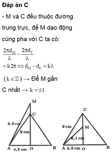 Ba điểm A, B, C trên mặt nước là 3 đỉnh của tam giác đều có cạnh bằng 9 cm, trong đó (ảnh 1)