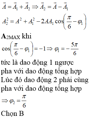 Tổng hợp hai dao động điều hòa x1 = 5cos.(omega.t+phi 1)  cm;x1 = A2cos(omega.t+phi 2) (ảnh 1)
