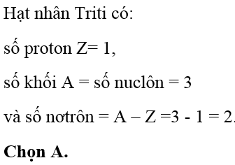 Hạt nhân Triti (T 3 1) có A. 3 nuclôn, trong đó có 1 prôtôn. B. 3 nơtrôn và 1 prôtôn.   (ảnh 1)