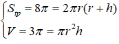 Hình trụ (H) có diện tích toàn phần là 8π(c m 2 ) và thể tích khối trụ là 3π(c m 3 ). Tính chiều cao của hình trụ ta được bao nhiêu kết quả?  A. 1  B. 2  C. 3  D. 4 (ảnh 1)