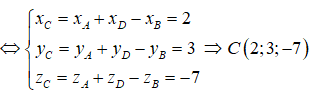 Trong không gian Oxyz , cho hình bình hành ABDC với A(0;0;0), B(1;-2;3), D(3;1;-4). Tọa độ của điểm C là:  A. (4;-1;-1)  B. (2;3;-7)  C. (3/2; 1/2; -2)  D. (-2;-3;7) (ảnh 1)